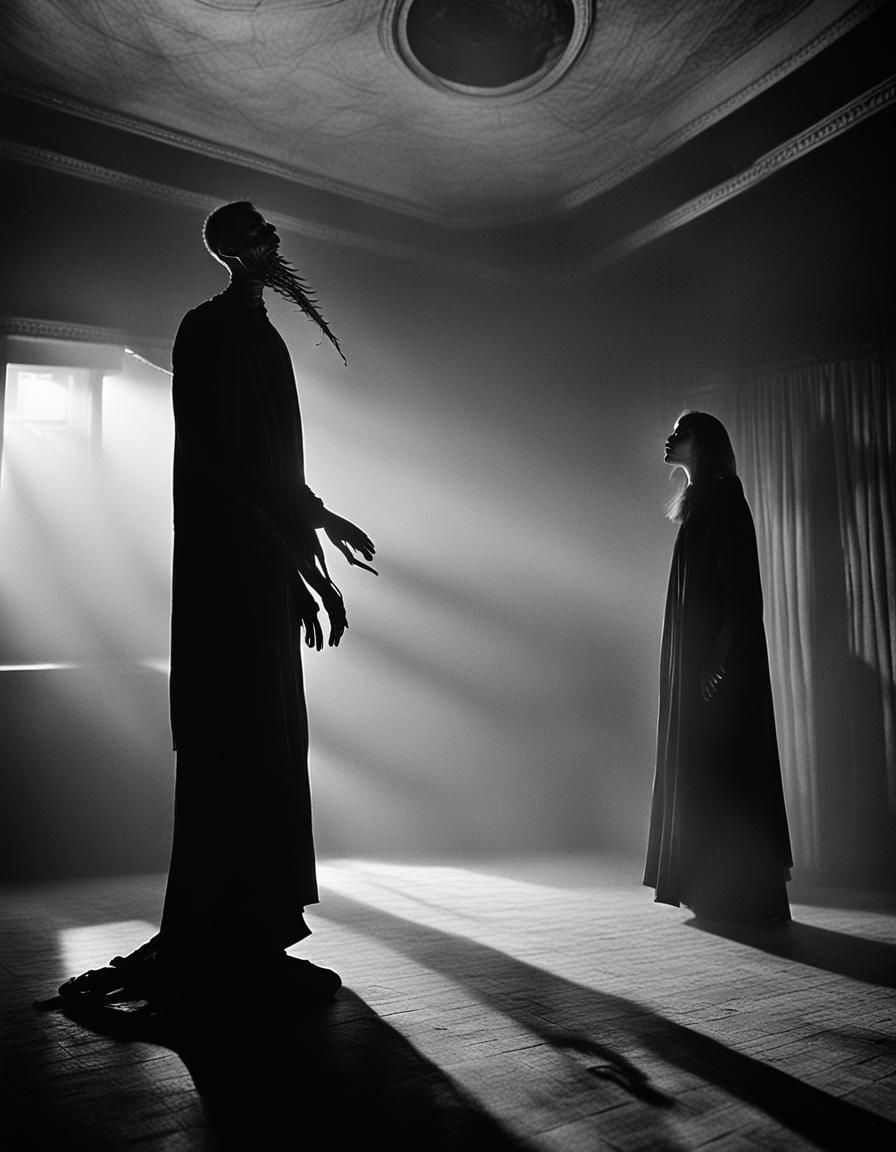 Unusual Person Dancing in Misty Room as Film Still