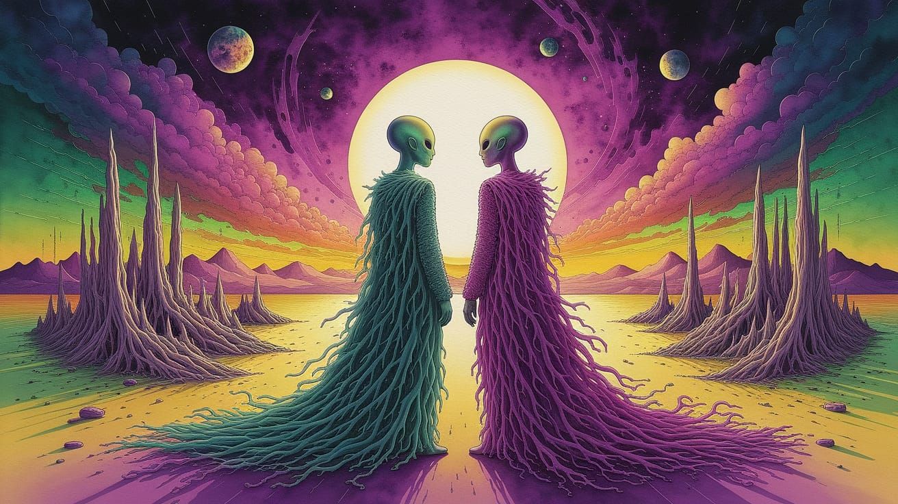 Dreamy, Impasto Cyberpunk Scene with Androgynous Figures and...