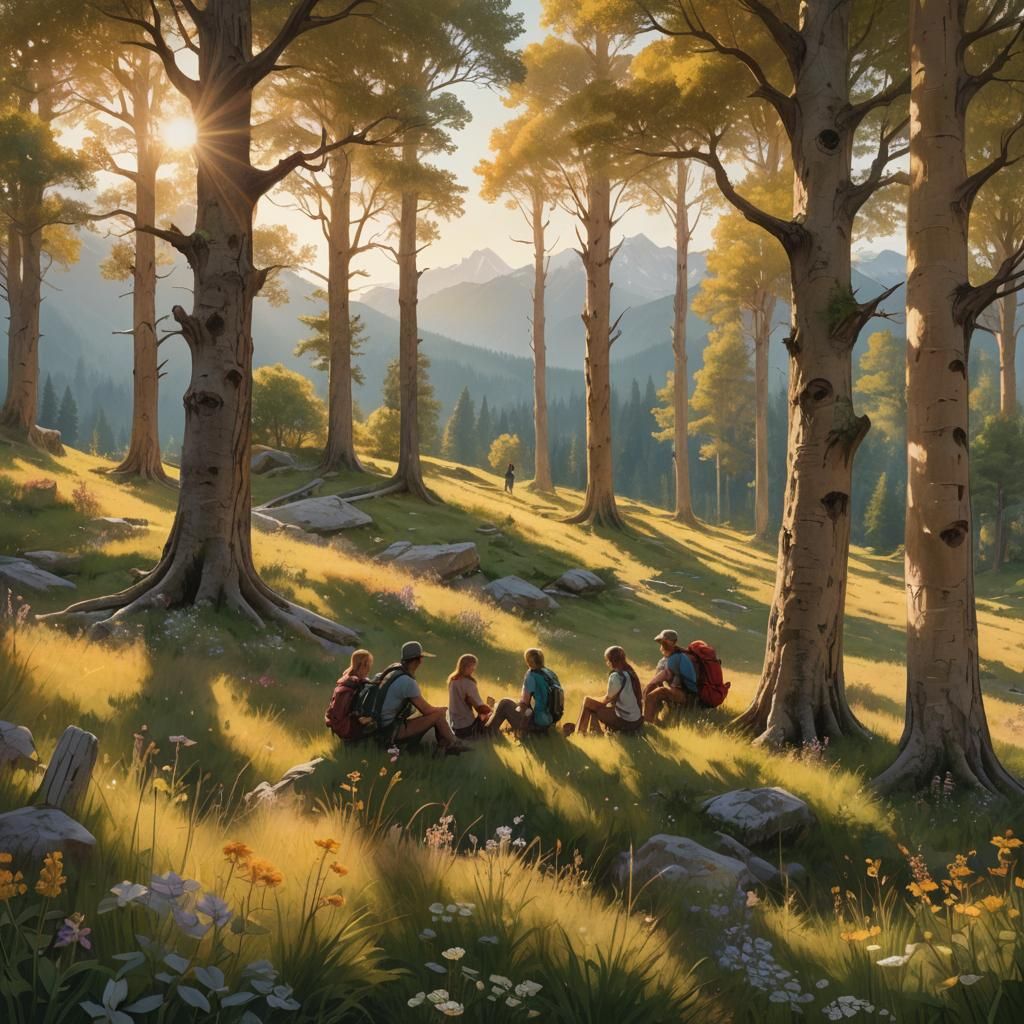 Hikers in Mountain Meadow Matte Painting
