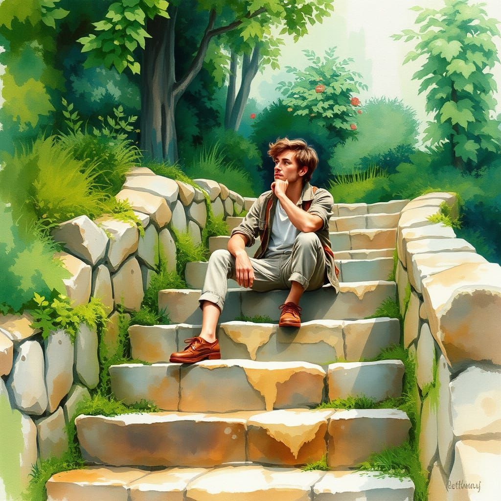 Man Pondering in a Dreamy Watercolor Landscape