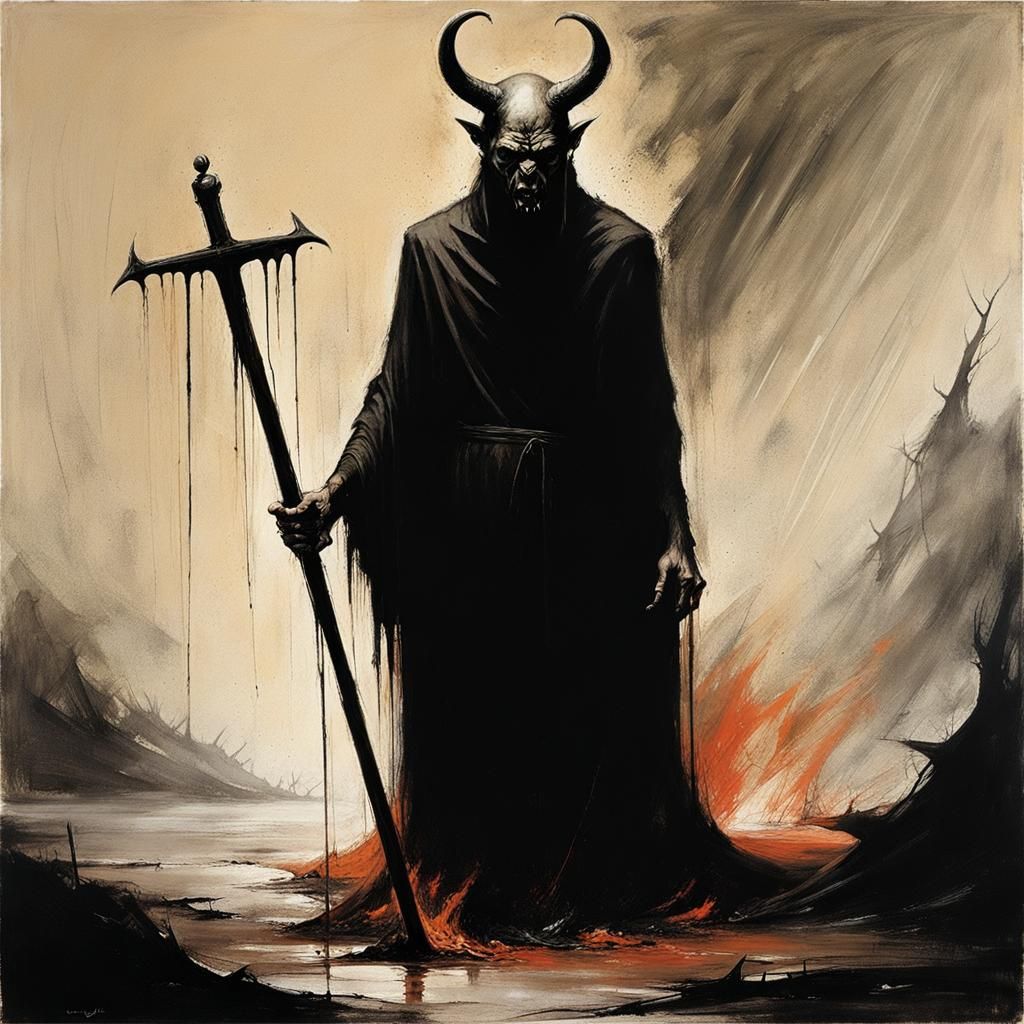 Intense Devil in Smoldering Hellscape: Expressionist Art