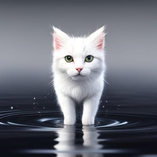 Hyperrealistic White Cat in Water, Splash Art