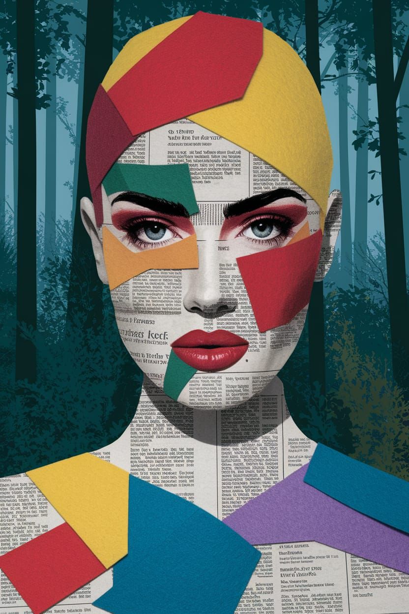 Mixed-Media Collage Supermodel Face in Forest