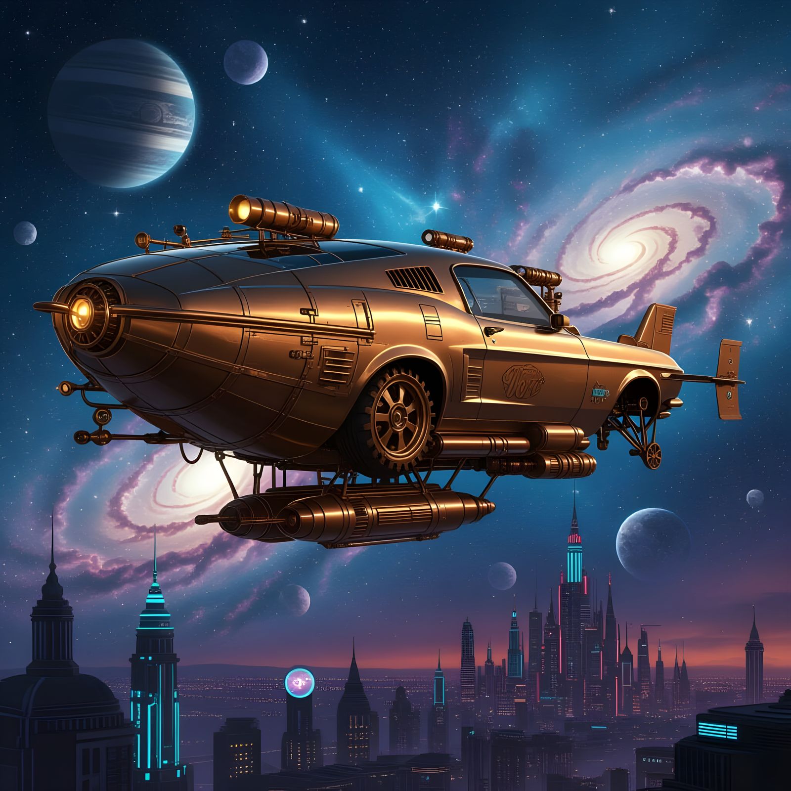 Steampunk Mustang Airship in Nebula Sky