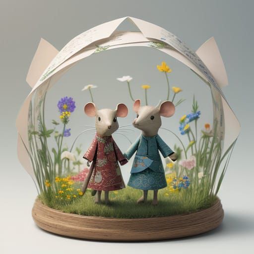Whimsical Origami Mouse Siblings in a Sun-Kissed Field