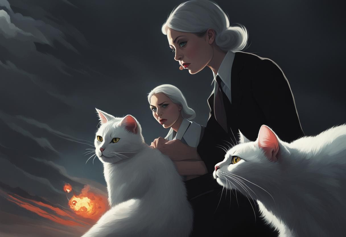 Smug Cat Rides Bomb Toward Woman: AI Art