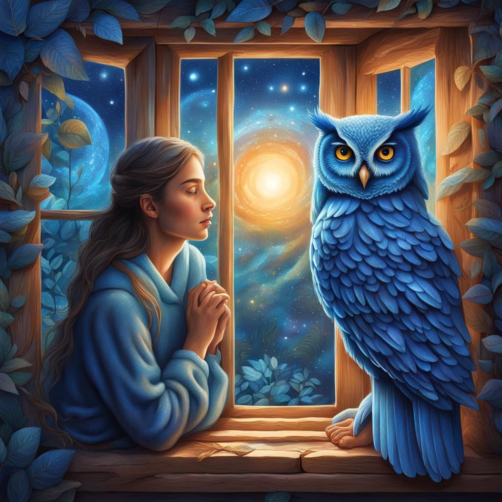 Whimsical Blue Owl Watches Over Sleeping Woman in a Peaceful...