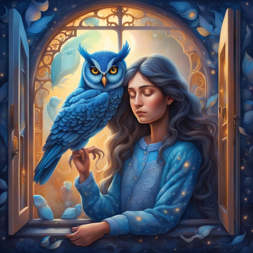 Blue Owl Watches Sleeping Woman: Cosmic Illustration