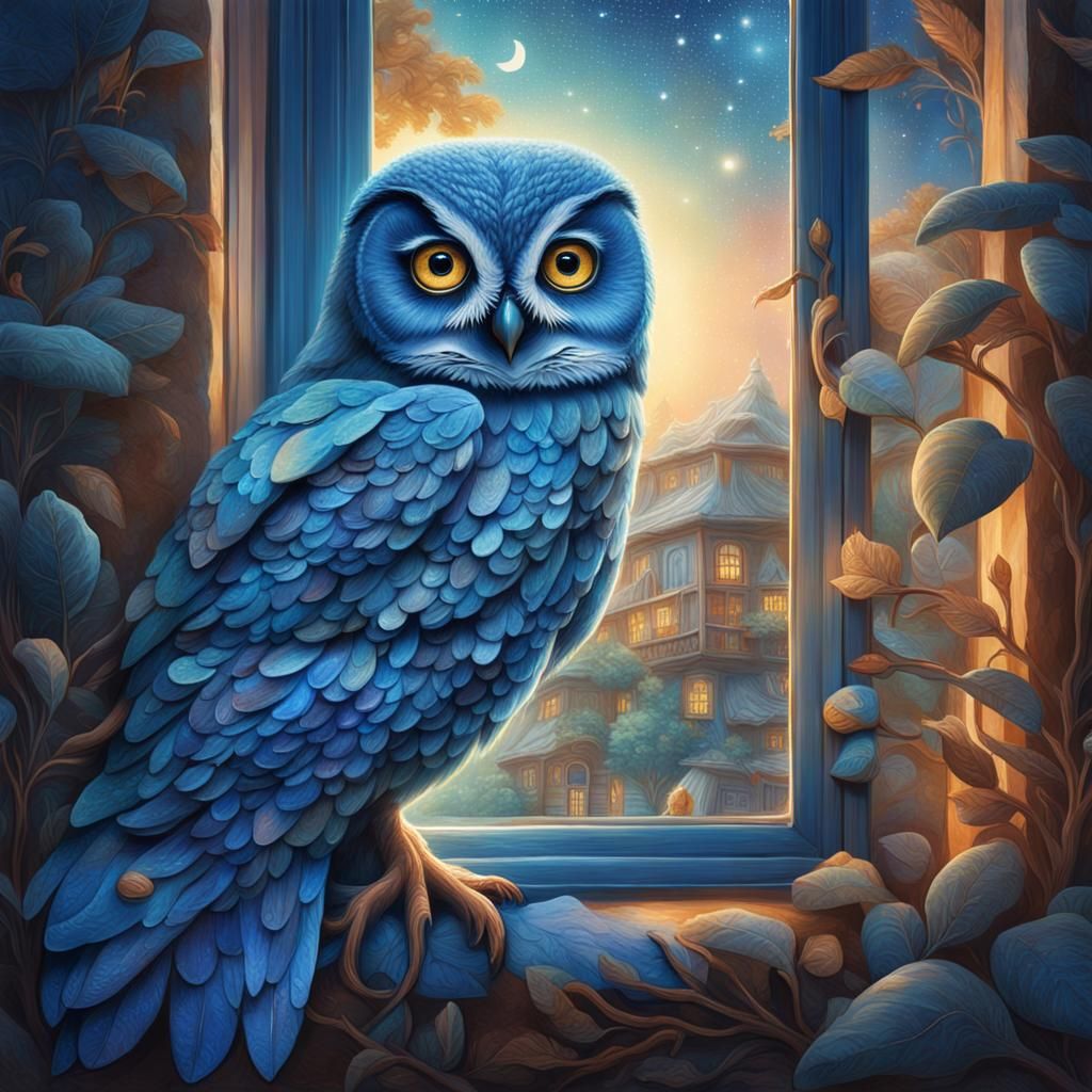 Blue Owl Watching Over Sleeping Woman Illustration