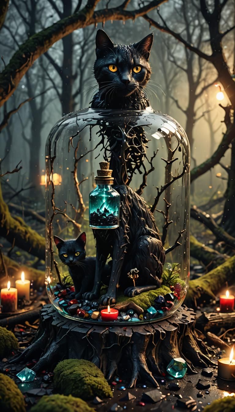 Demonic Cat in Bottle: Horror Landscape