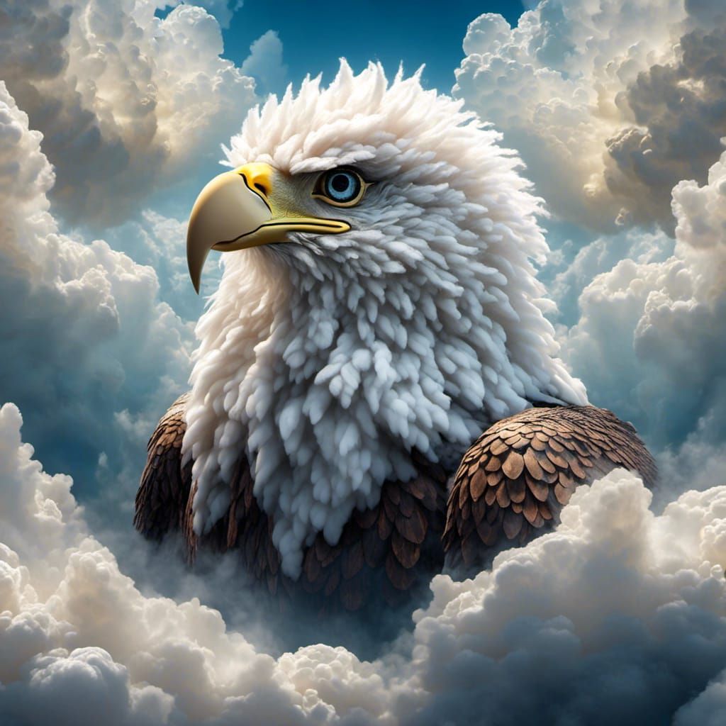 an fluffy eagle <lora:Cloud Animals:1.0> emerging from a clo...