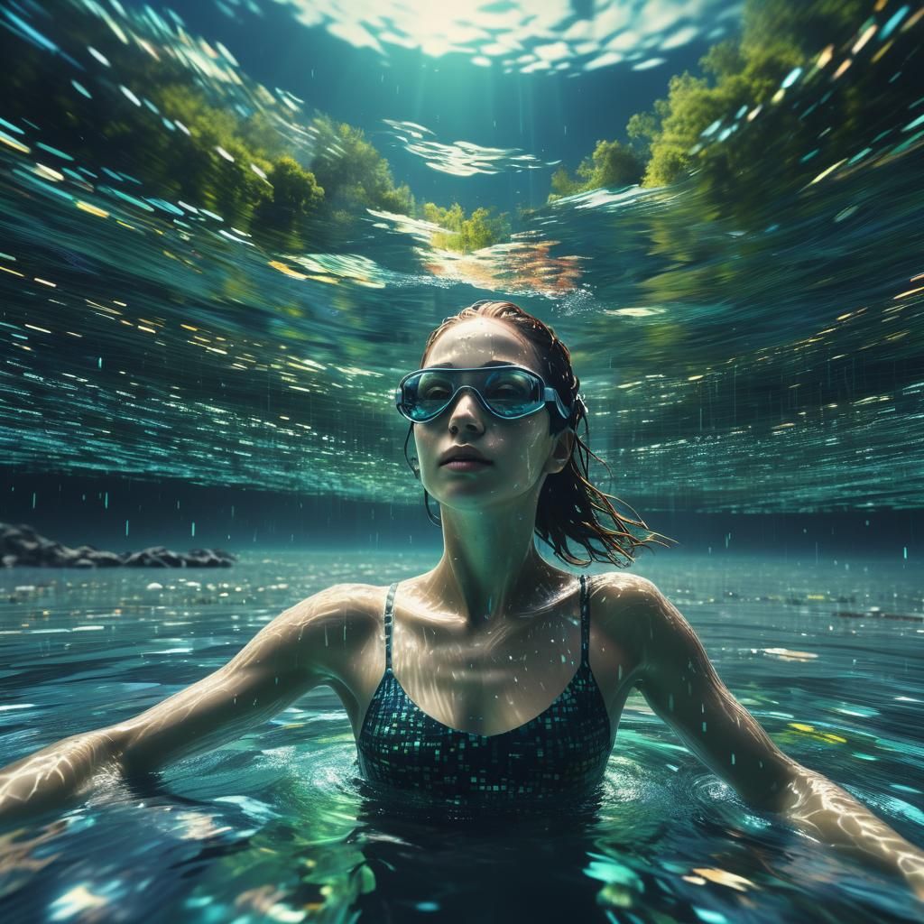 Woman Swimming in Digital River in Glitchcore Style