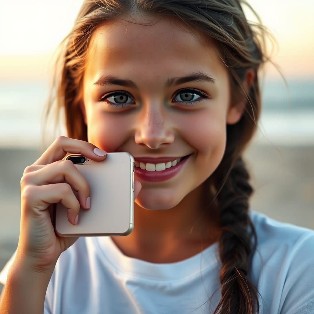 Confident Girl Showcases Phone Case in Beach Sunset Glow