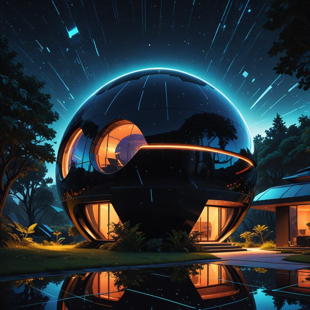 Futuristic Black Sphere House with Neon-Lit Foliage