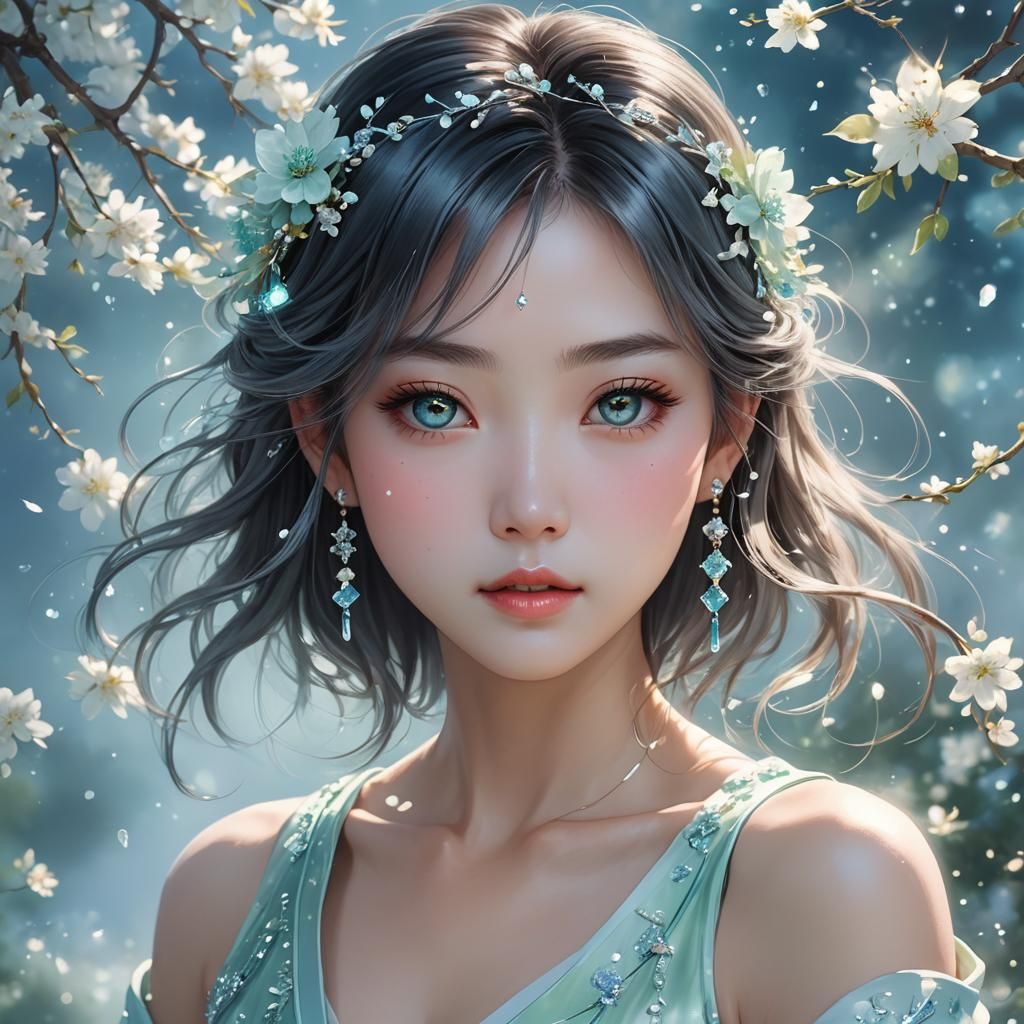 Ethereal Japanese Beauty with Sparkling Gems as Digital Pain...