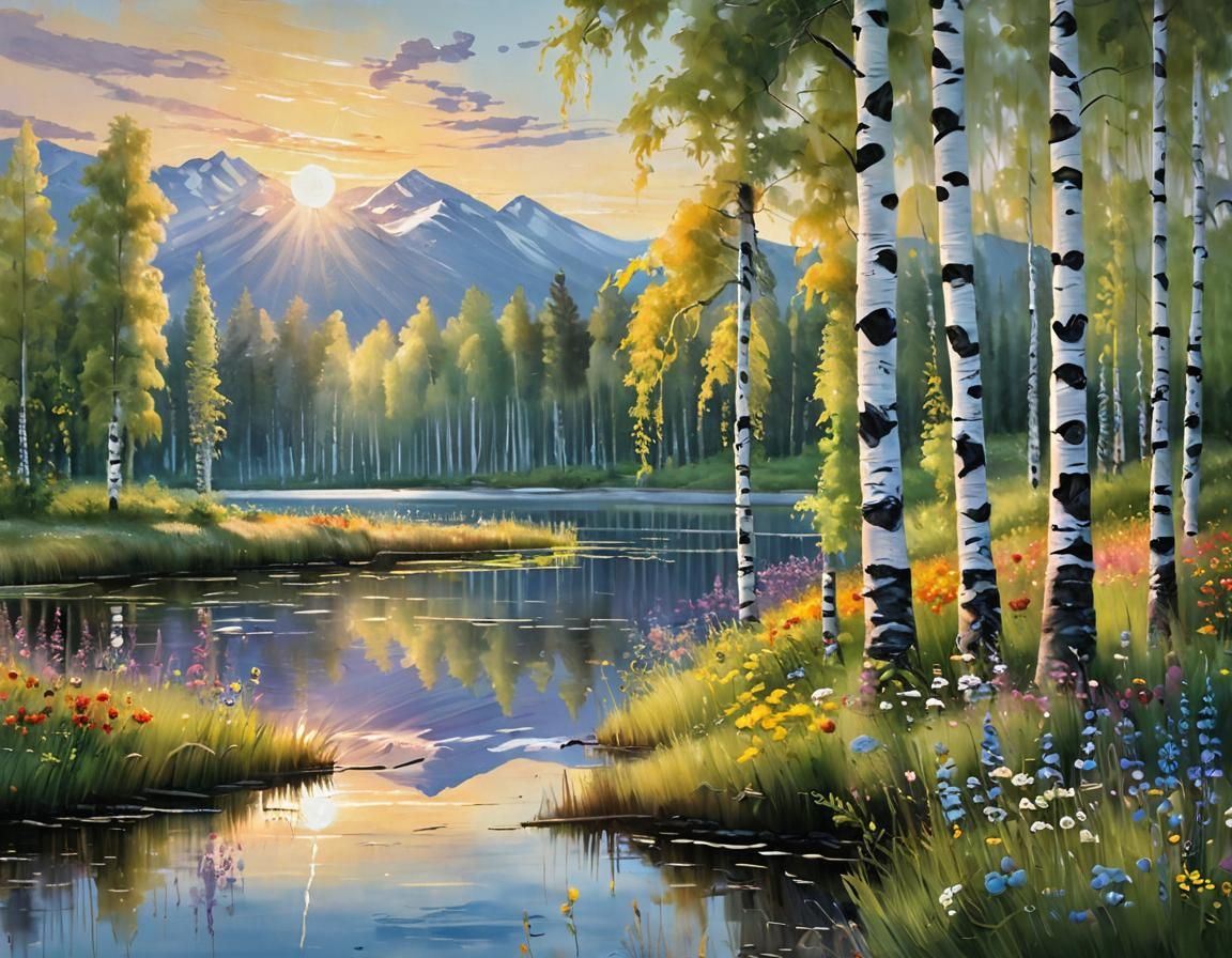 Birch Trees and Wildflowers at Sunrise: Oil Painting