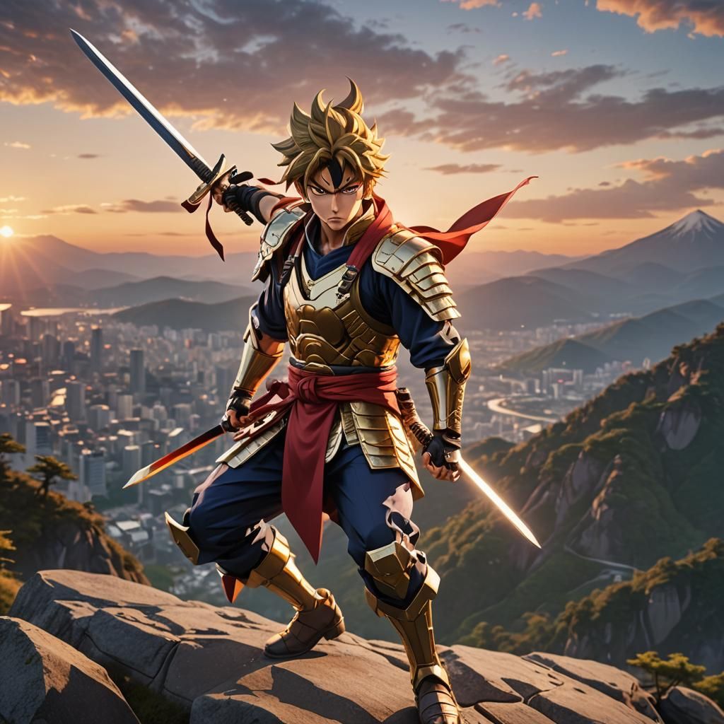 Heroic Anime Fighter at Sunset in Dynamic Style