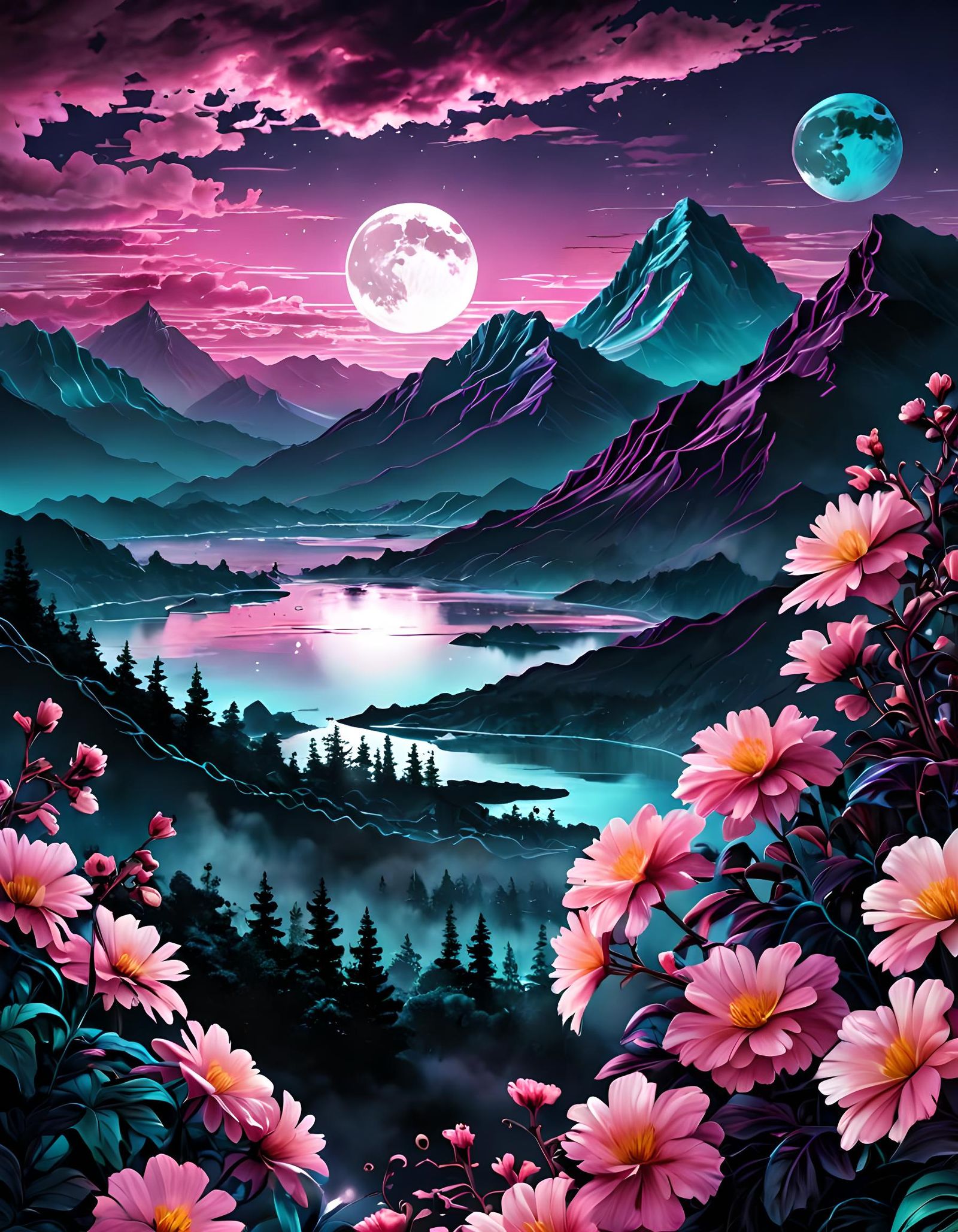 Vaporwave Moon in Watercolor Metallic Ink