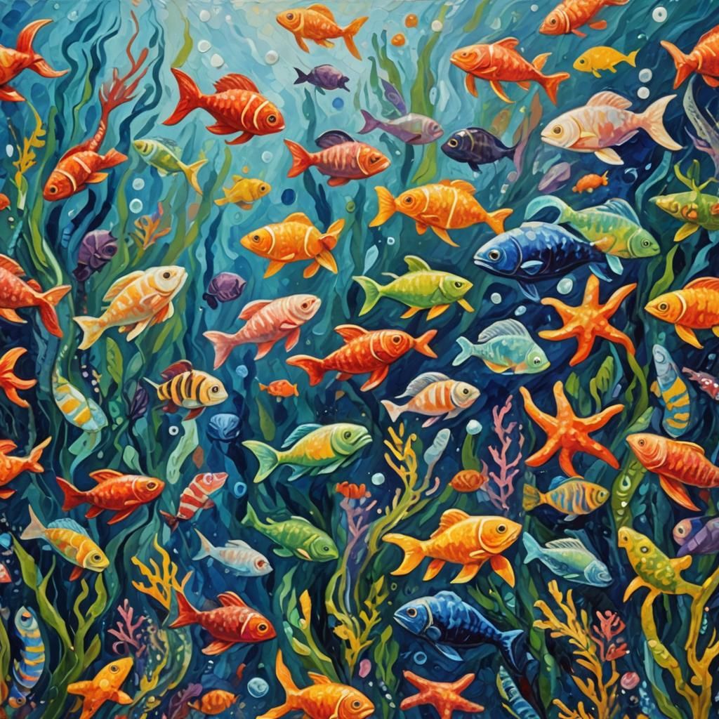 Vibrant Sea Creatures in Expressionist Oil Painting