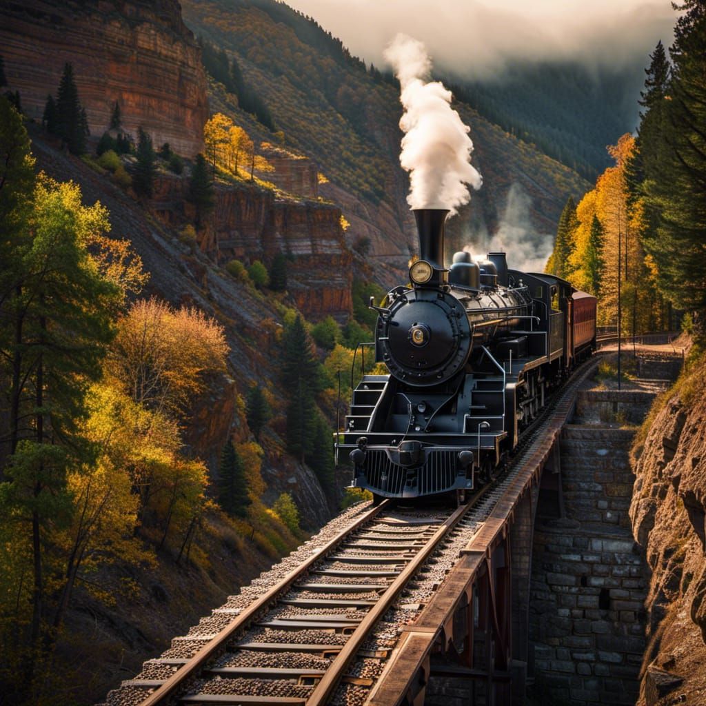 Steam Train at Dusk Over Canyon Bridge