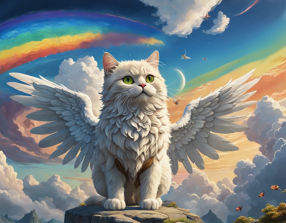 Whimsical Cartoon Cat with Angel Wings in Vibrant Dreamy Sky