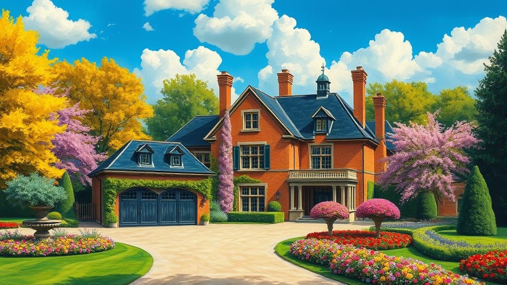 Grand Brick Chateau with Vibrant Garden and Sky