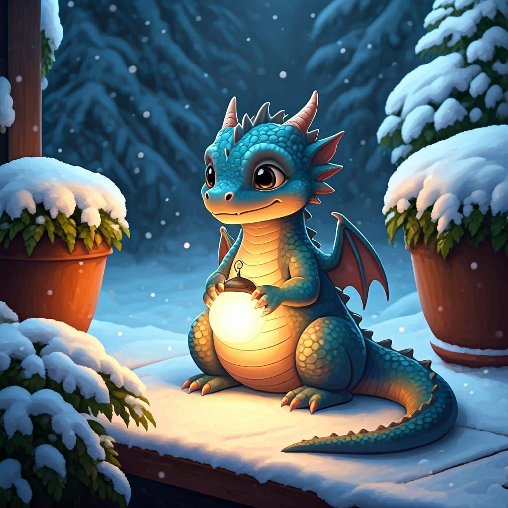 Baby Dragon with Glowing Orb in Snowy Scene