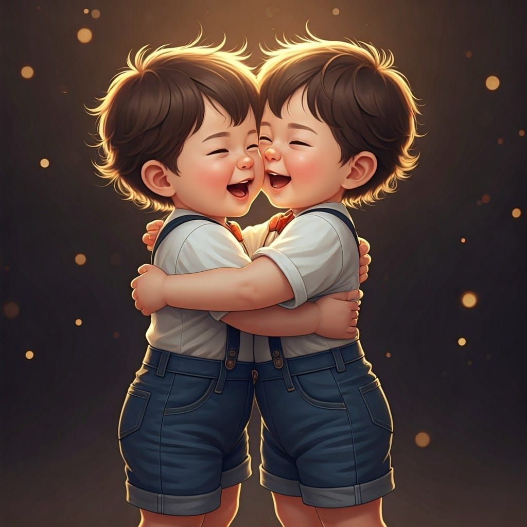 Joyful Twin Brothers Hug in Golden Light