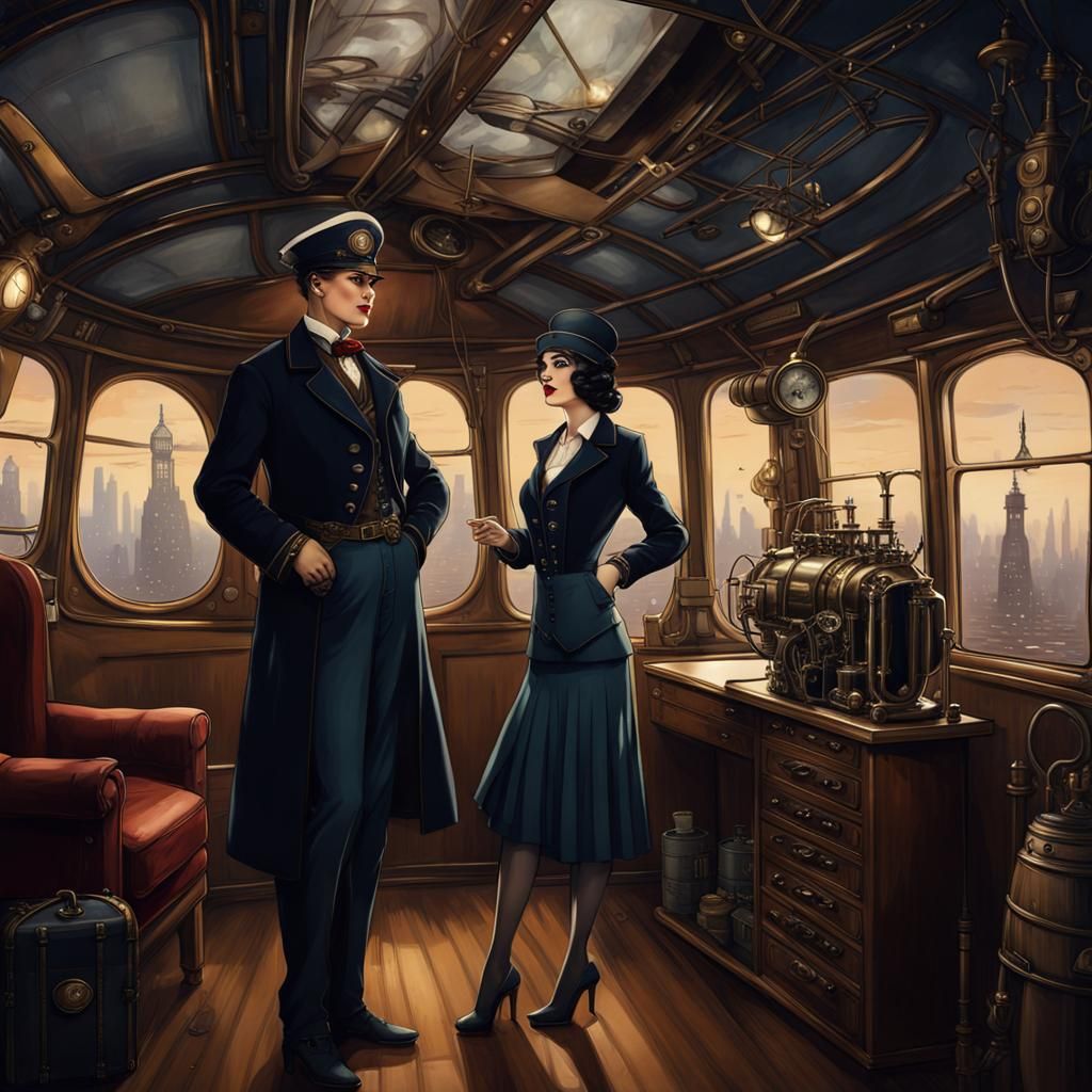 Flapper and Airship Captain in Gothic Steampunk Style