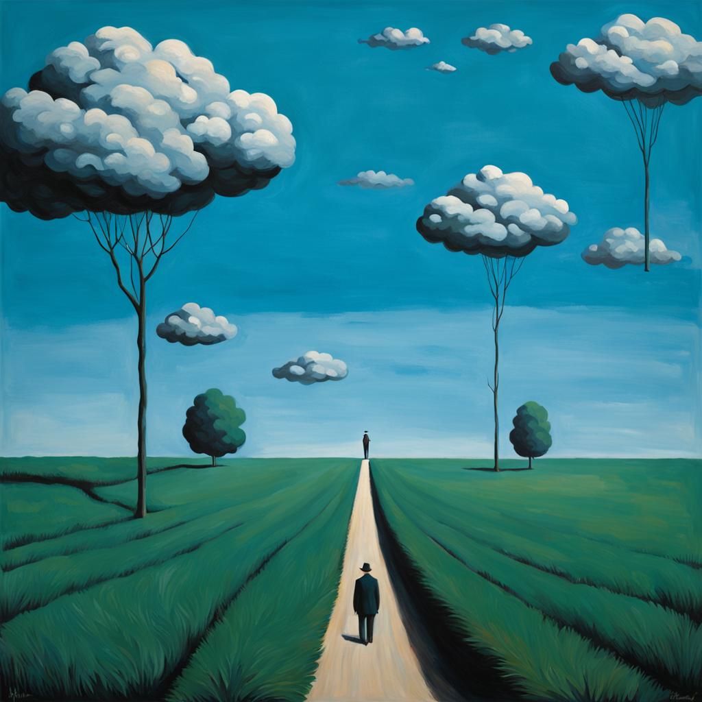 Surreal Figures Under Vast Sky: a Surrealist Painting