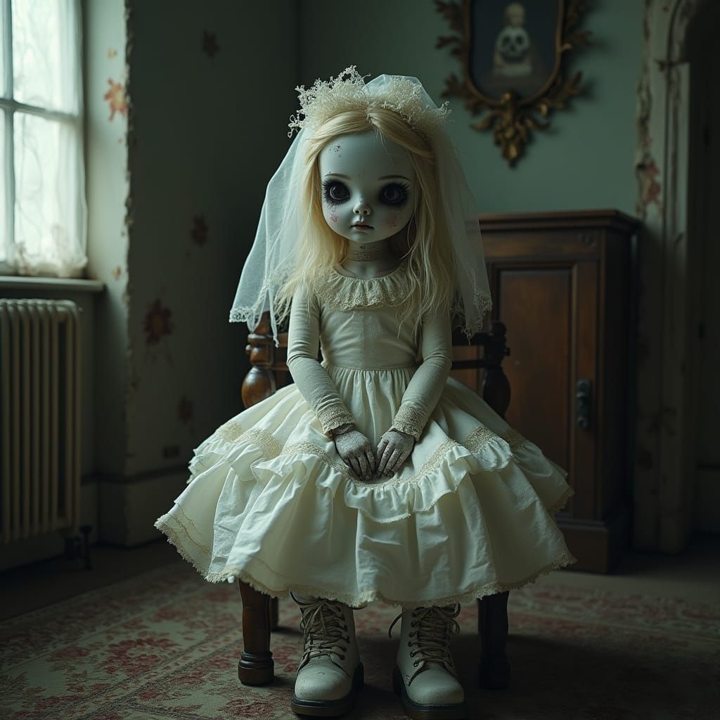 Sinister Porcelain Doll Bride in Dark Nursery