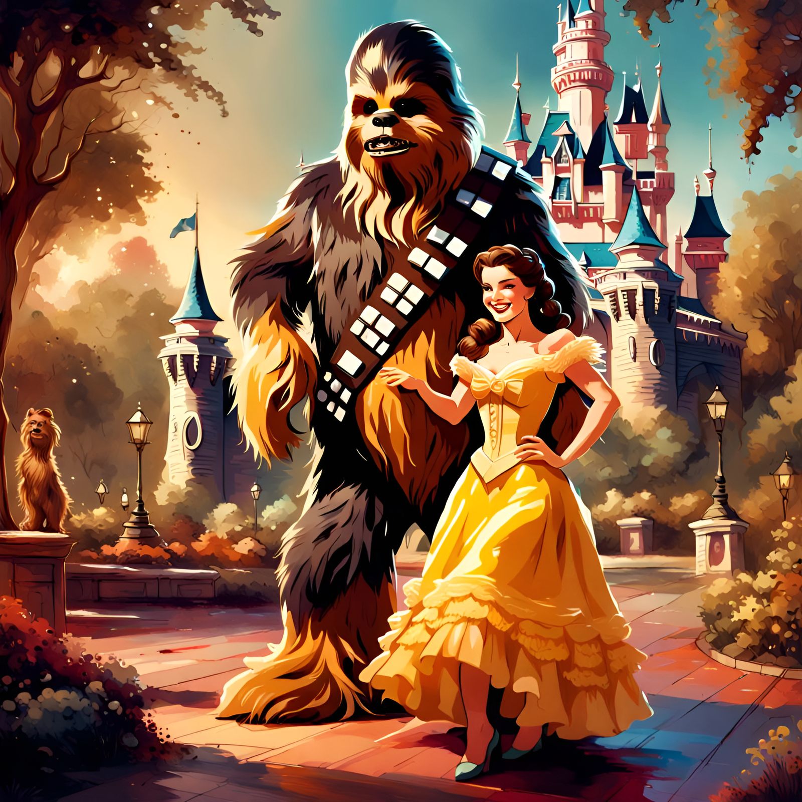 Belle and Chewbacca at Disneyland in Pin-Up Style
