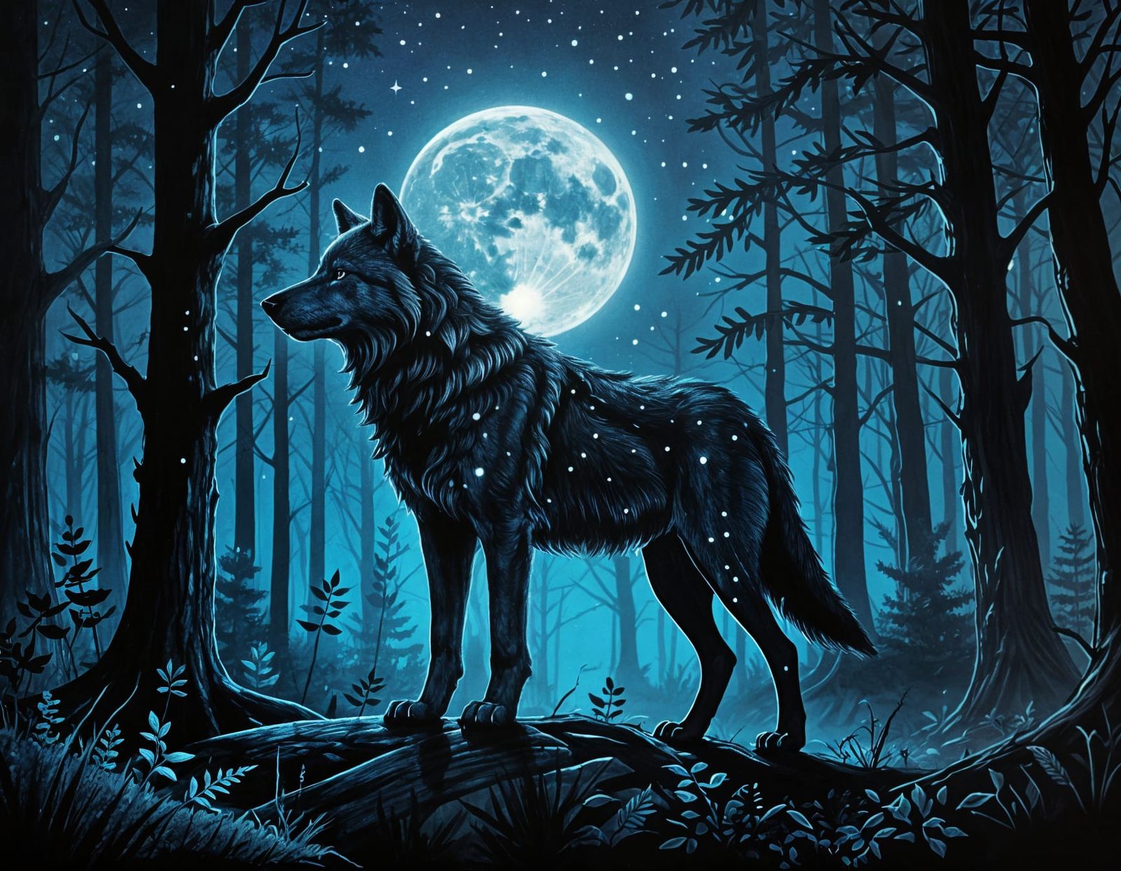 Wolf in Moonlit Forest, Hand-Drawn Cartoon Art