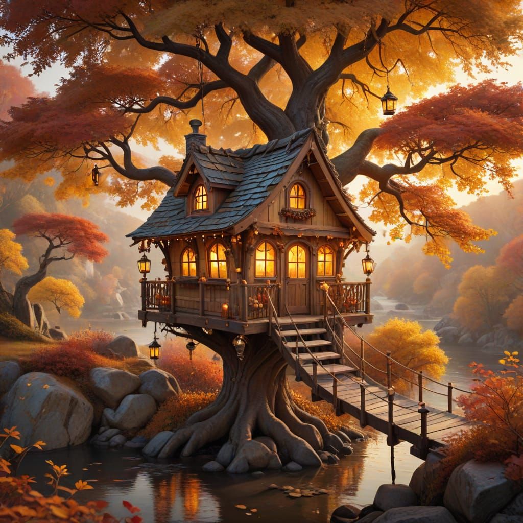 Whimsical Wooden Cottage on a Tree in Autumn