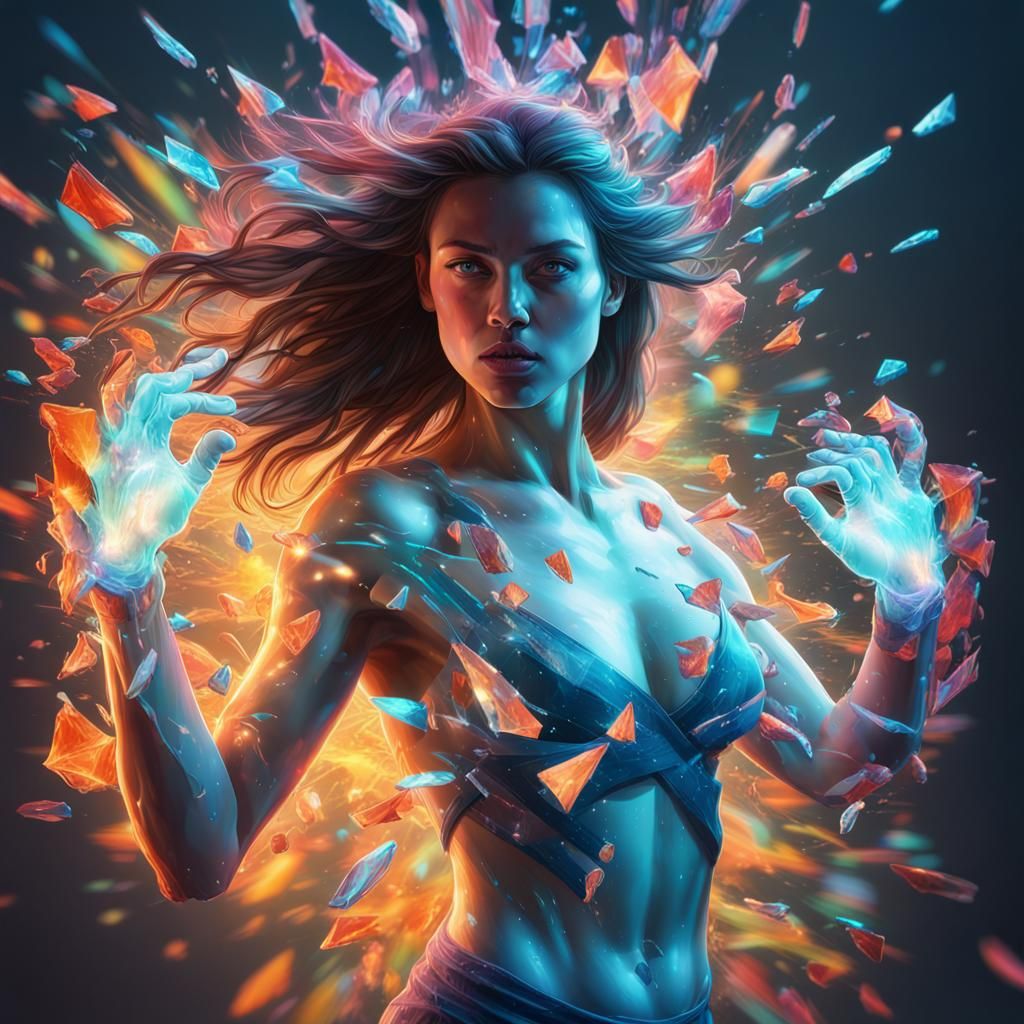 Bioluminescent Woman Shattering Screen in Hyperrealistic Sty...