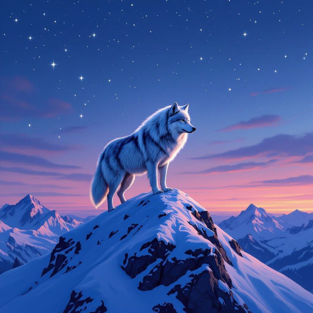 Lone Wolf on Snowy Peak at Twilight, Hyperrealistic Digital ...
