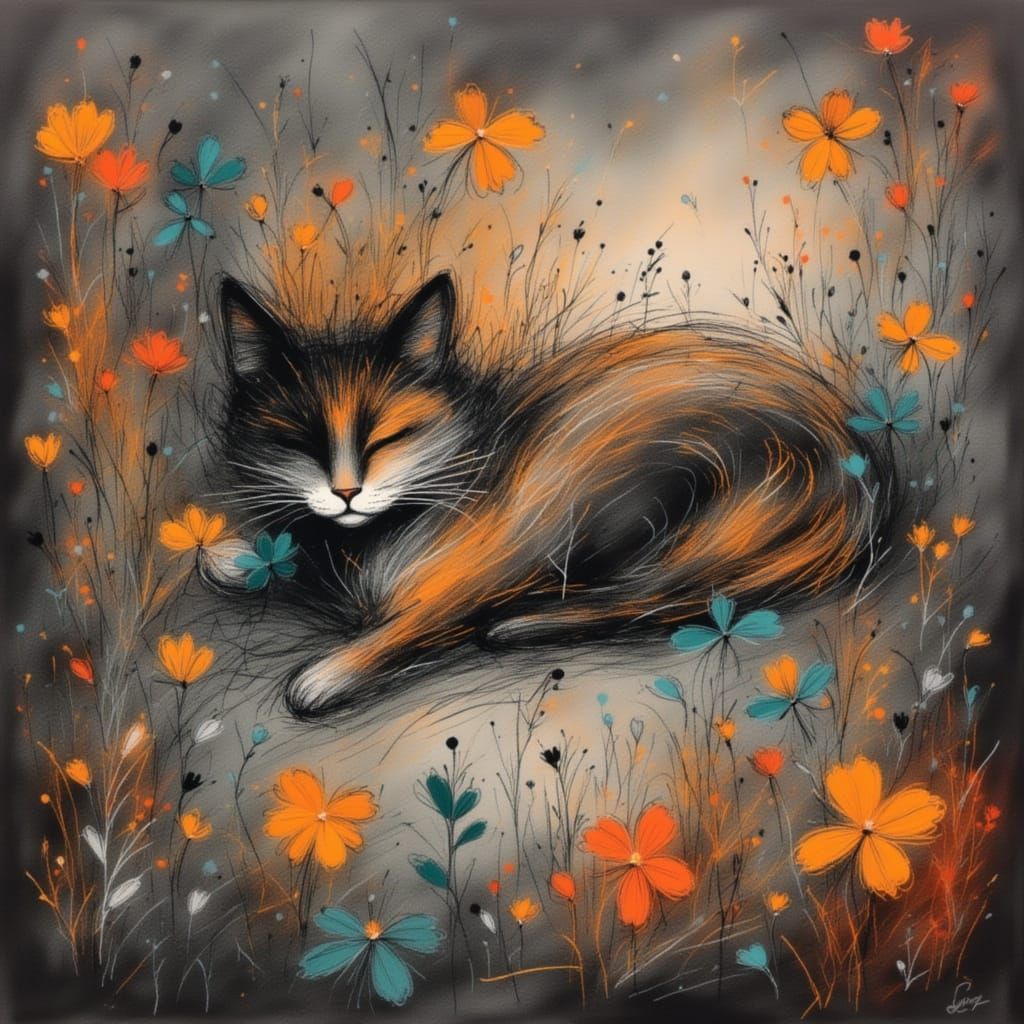 Cat Sleeping in Thyme Garden