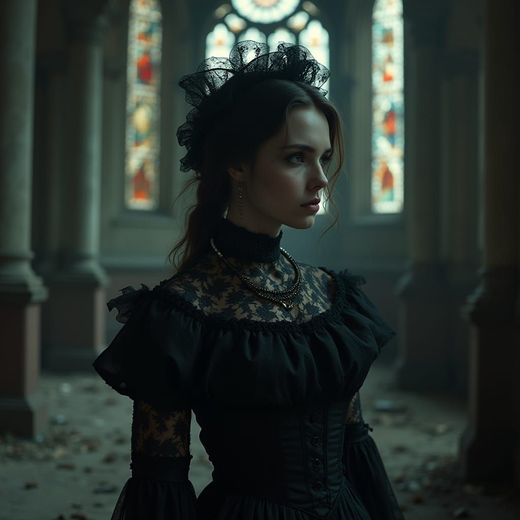 Ethereal Victorian Lady in Haunting Cathedral