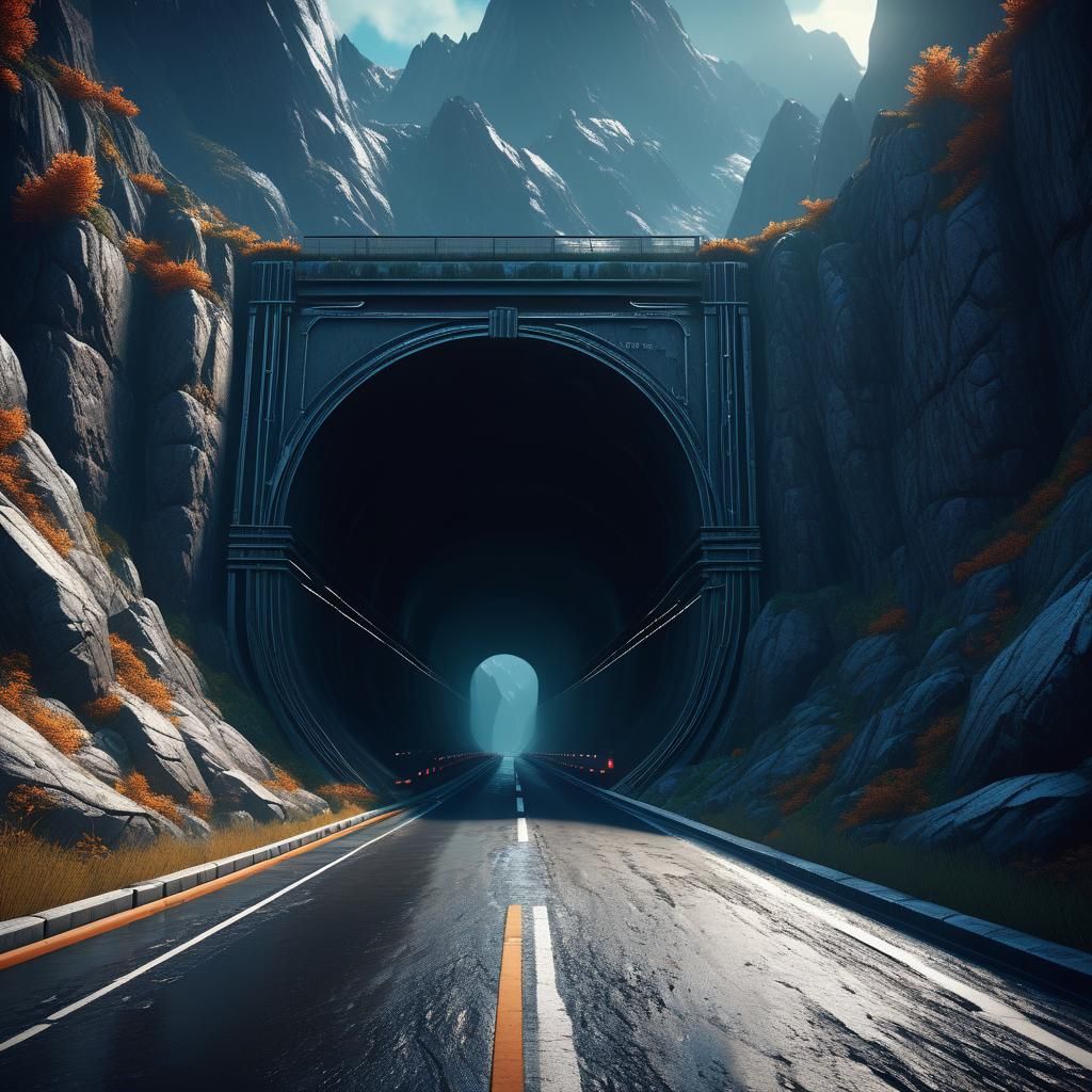 Mountain Highway Tunnel in Detailed Matte Painting