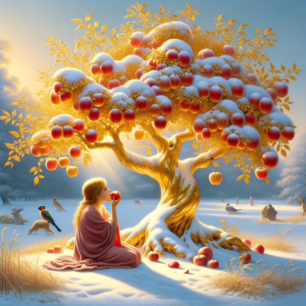 Golden Apple Tree in Snow: Old Masters Oil Painting