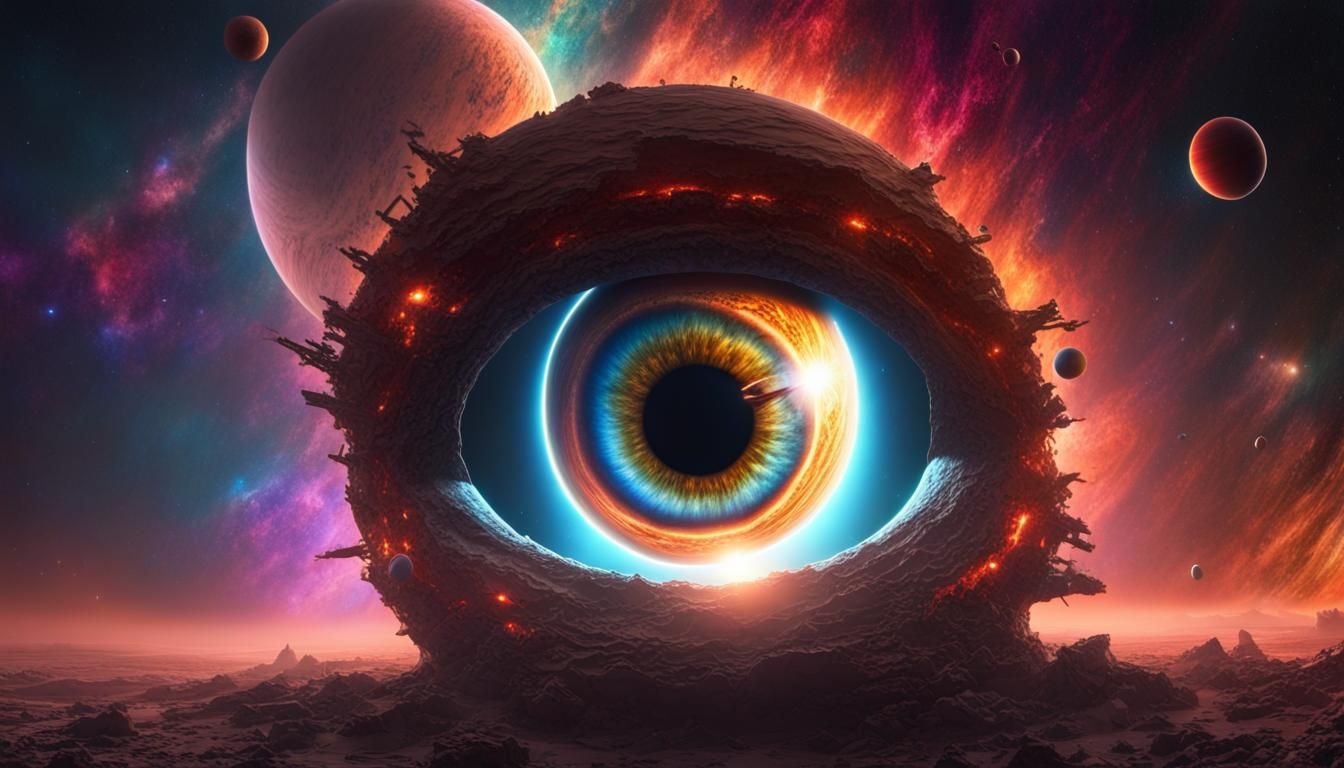 Planet Within Giant Eye Amidst Broken Worlds