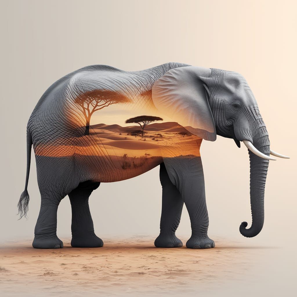 Surreal Elephant in Golden Desert Landscape