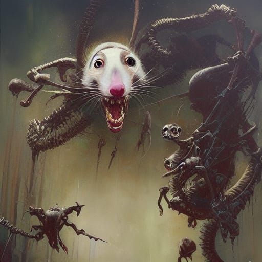 Surreal Skeleton Opossum Siren Hybrid, Oil Painting