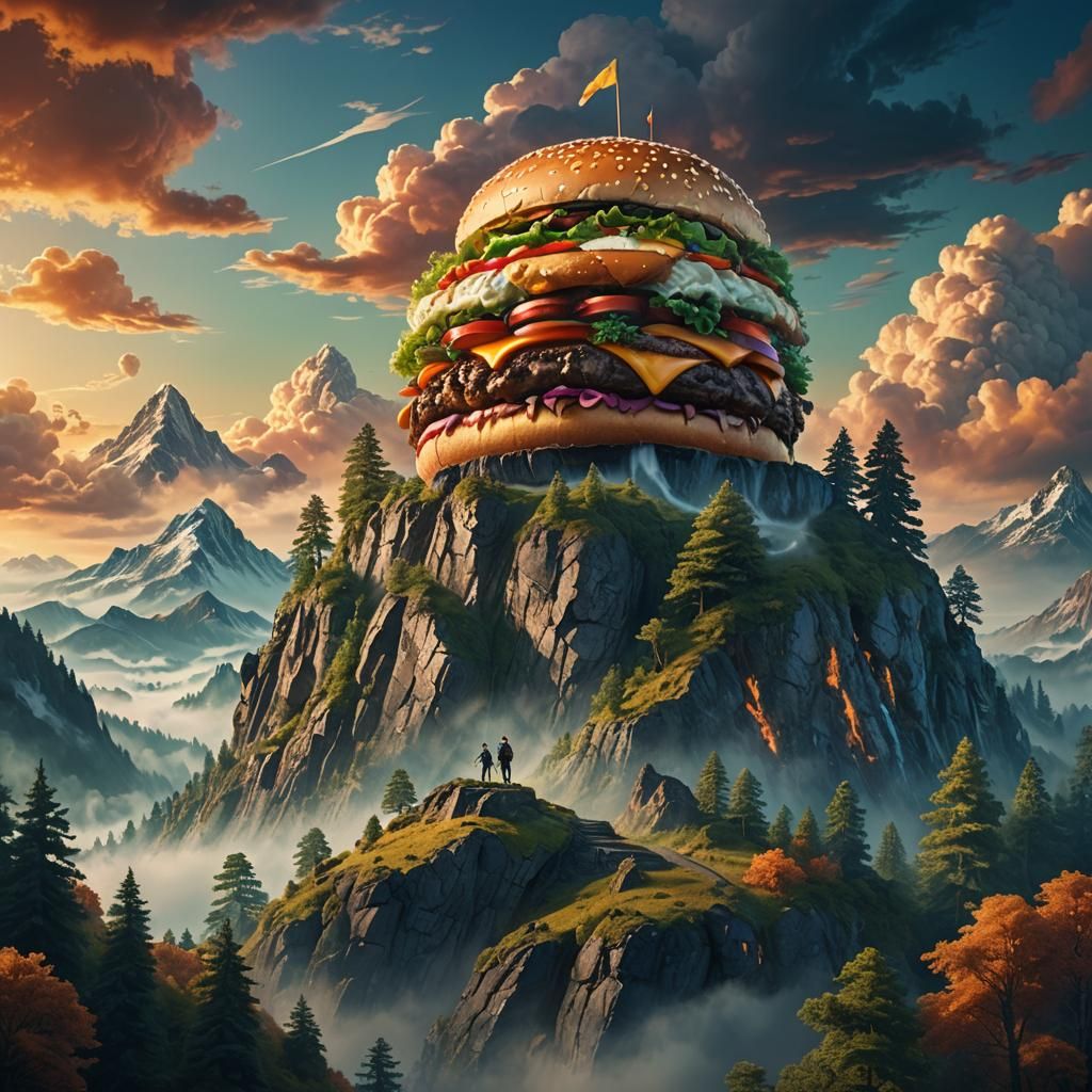 Gigantic Burger on Mountain Peak in Matte Painting Style