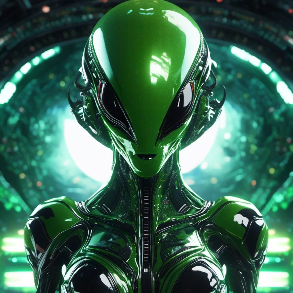 Detailed Green Alien Stepping Out of UFO