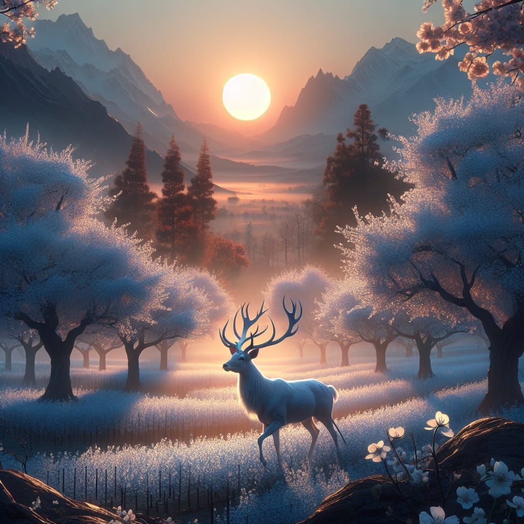 White Stag in Cherry Orchard at Sunrise