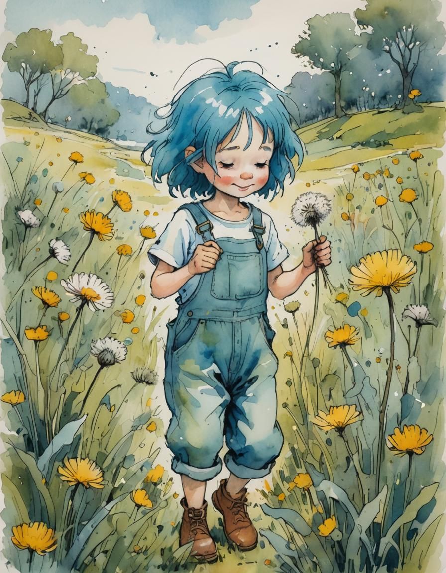 Girl Picking Dandelions in Storybook Illustration Style
