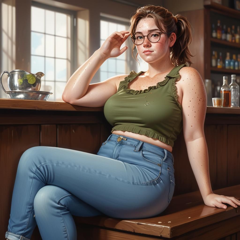 Stocky Woman on Bar Couch in Splash Art Style