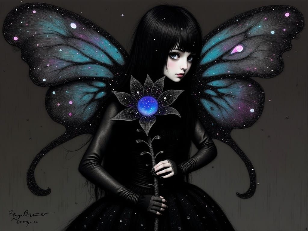 Victorian Goth Pixie with Intricate Wings and Filigree