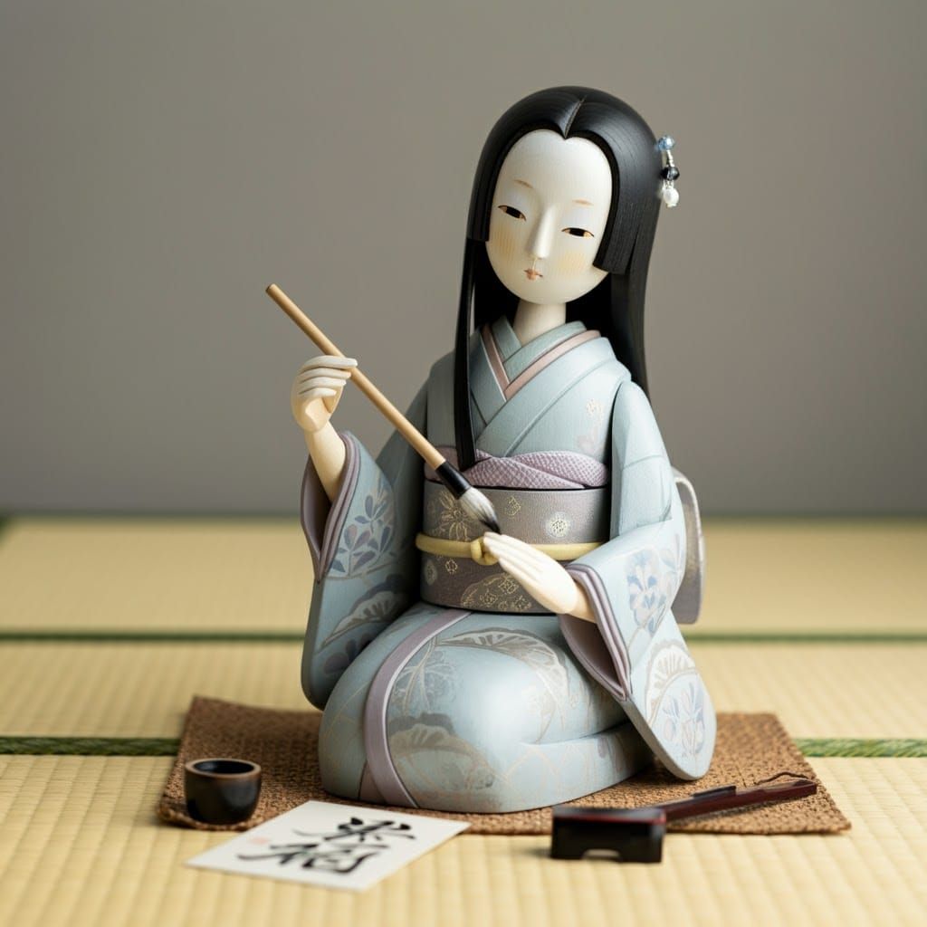 Japanese Doll Composing a Poem in Traditional Attire